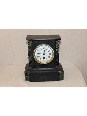 Antique French Style Slate Mantel Clock Key Wind Mechanical Marble Inlay Vintage